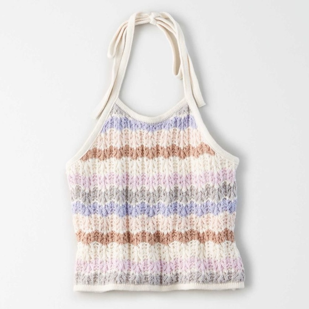 American Eagle Crochet Halter Top Boho Knit Tank Cream Festival Medium